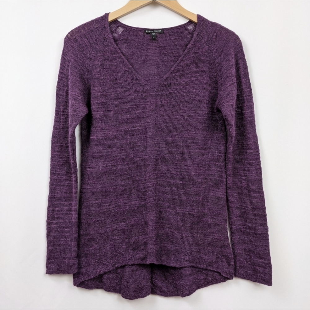 Eileen Fisher Alpaca Sweater Slub Knit Lightweight V-Neck High-Low Hem Purple M